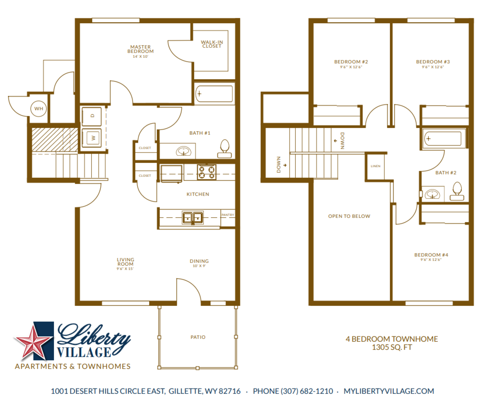 Floor plan for 4 beds, 2 baths, 1305 sqft